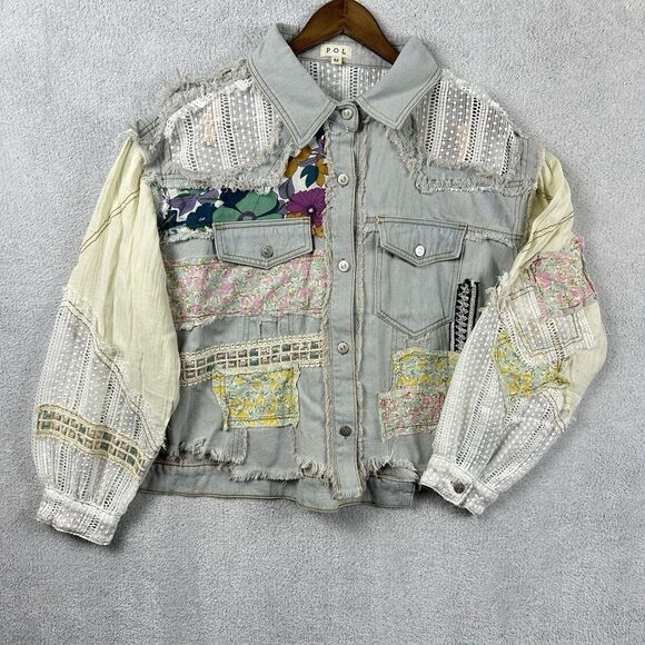 POL Jackets & Blazers - POL Patchwork Lace Denim Distressed Boho Jacket Chic Cottagecore Oversized Med